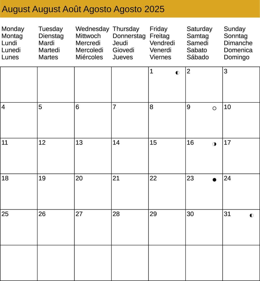 multilingual August 2025 calendar vector