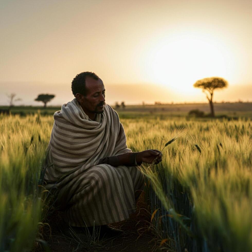 an ethiopian farmer sit in wheat farland photo