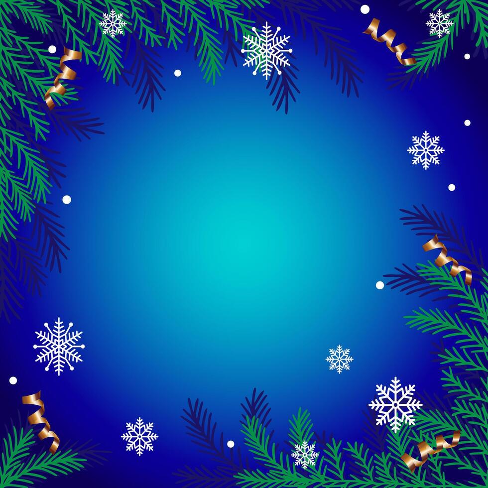 blue Christmas background with fir branches, snowflakes and ribbons. vector