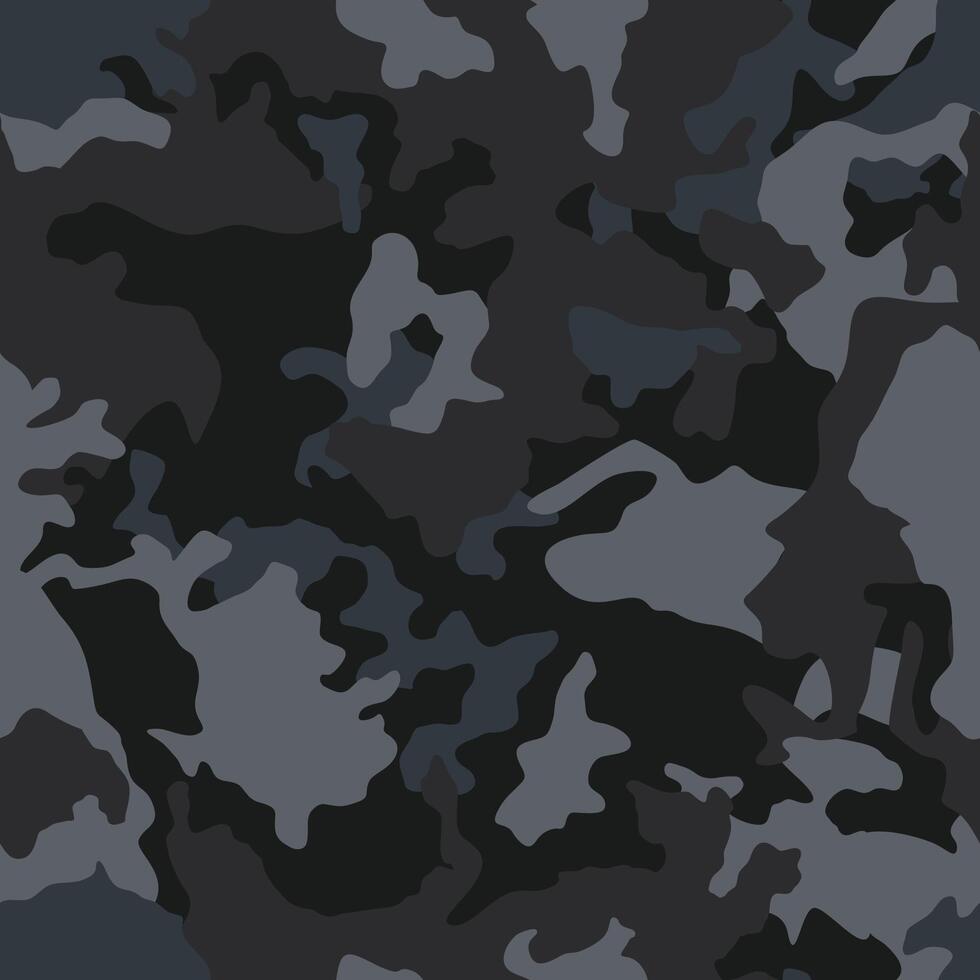 Black military background of soldier camouflaging, seamless pattern. Modern camo texture for army clothing vector