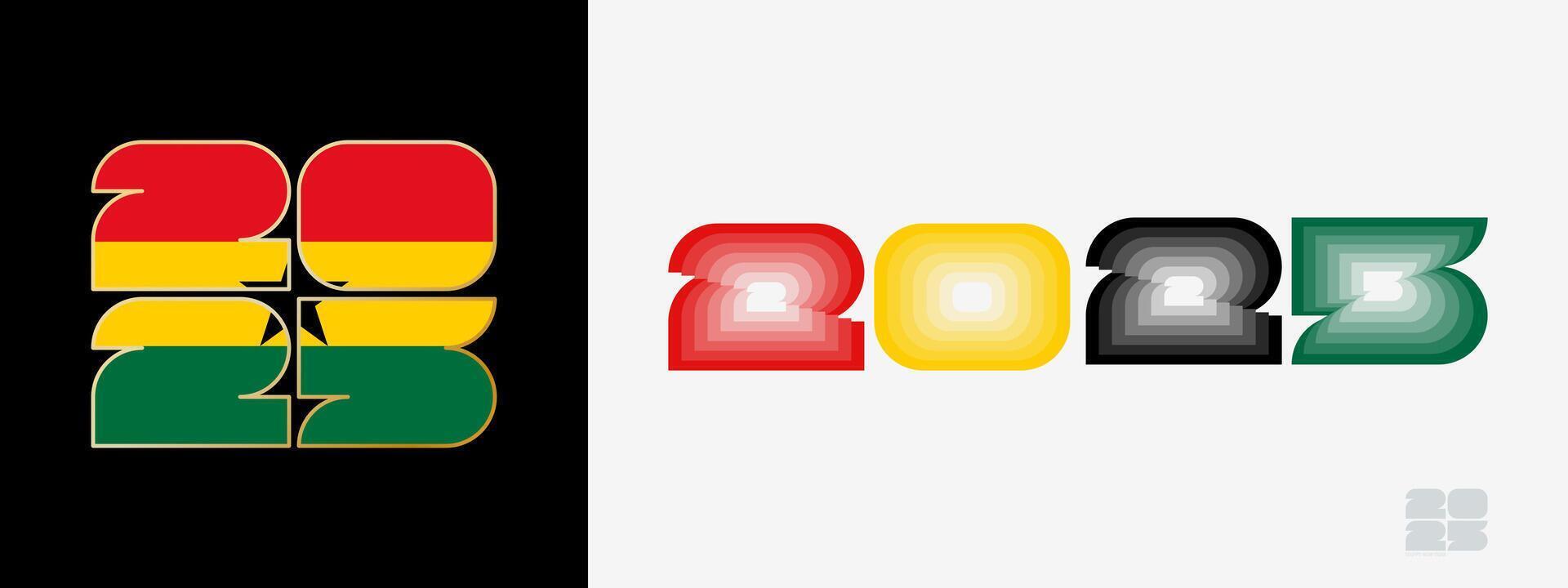 Year 2025 with flag of Ghana and in color palate of Ghana flag. Happy New Year 2025 in two different style. vector
