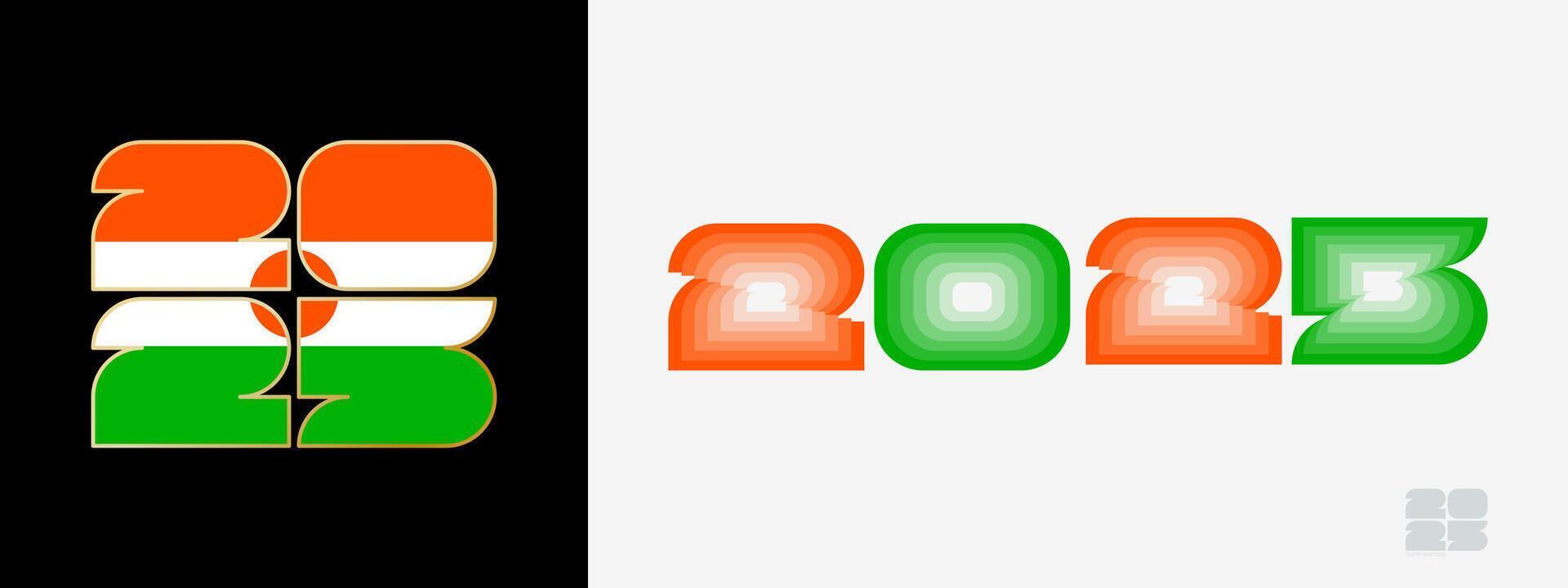 Year 2025 with flag of Niger and in color palate of Niger flag. Happy New Year 2025 in two different style. vector