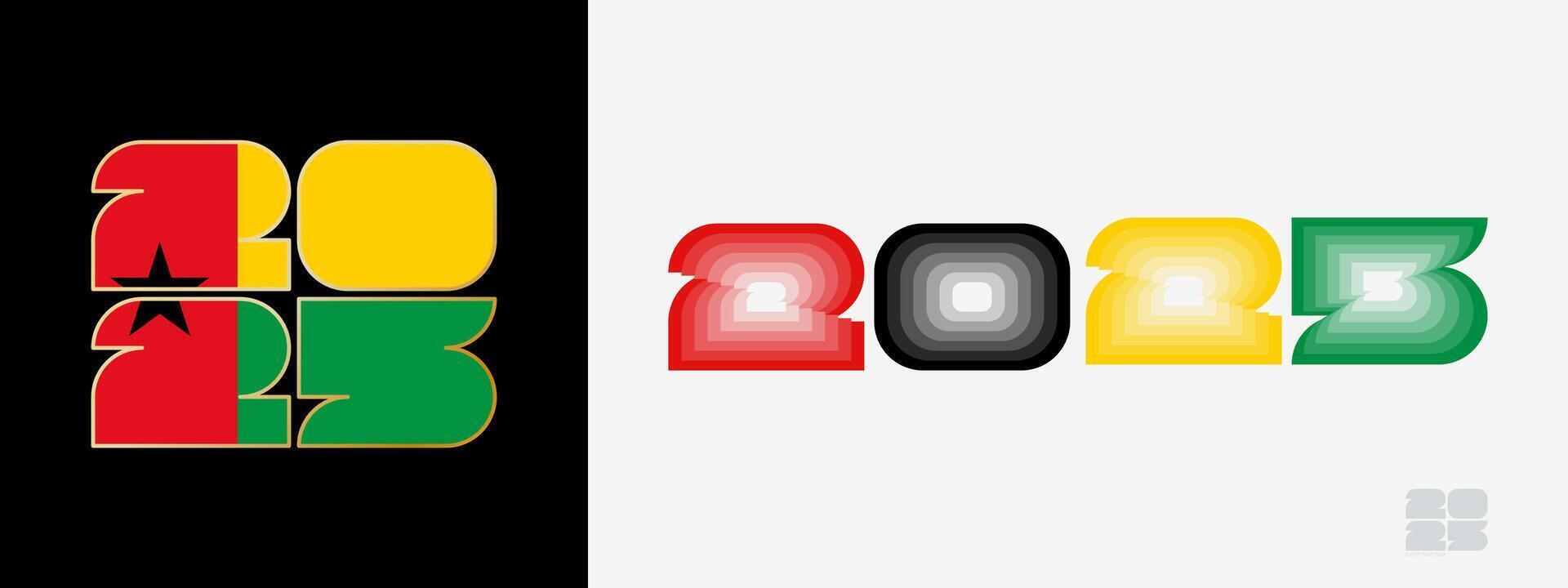 Year 2025 with flag of Guinea-Bissau and in color palate of Guinea-Bissau flag. Happy New Year 2025 in two different style. vector