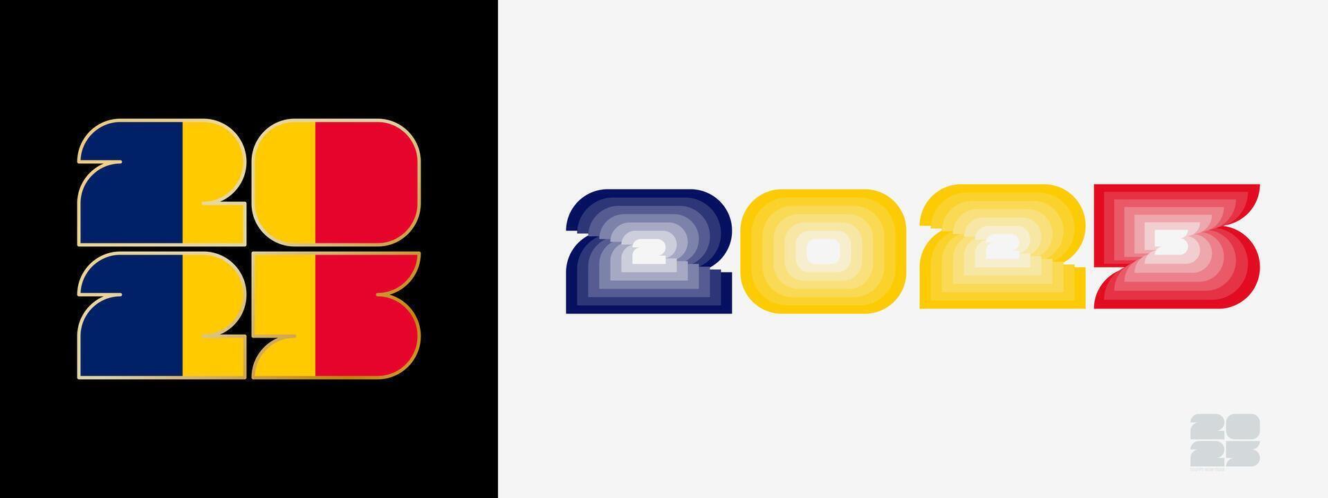 Year 2025 with flag of Chad and in color palate of Chad flag. Happy New Year 2025 in two different style. vector