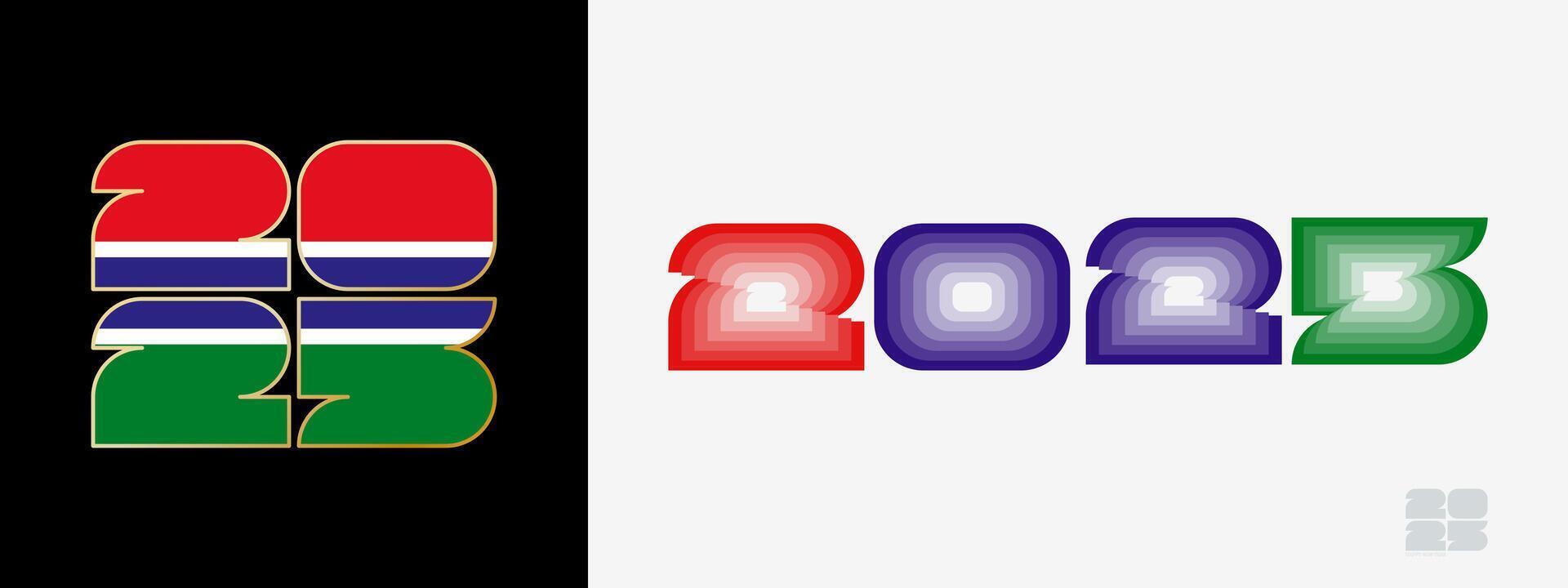 Year 2025 with flag of Gambia and in color palate of Gambia flag. Happy New Year 2025 in two different style. vector