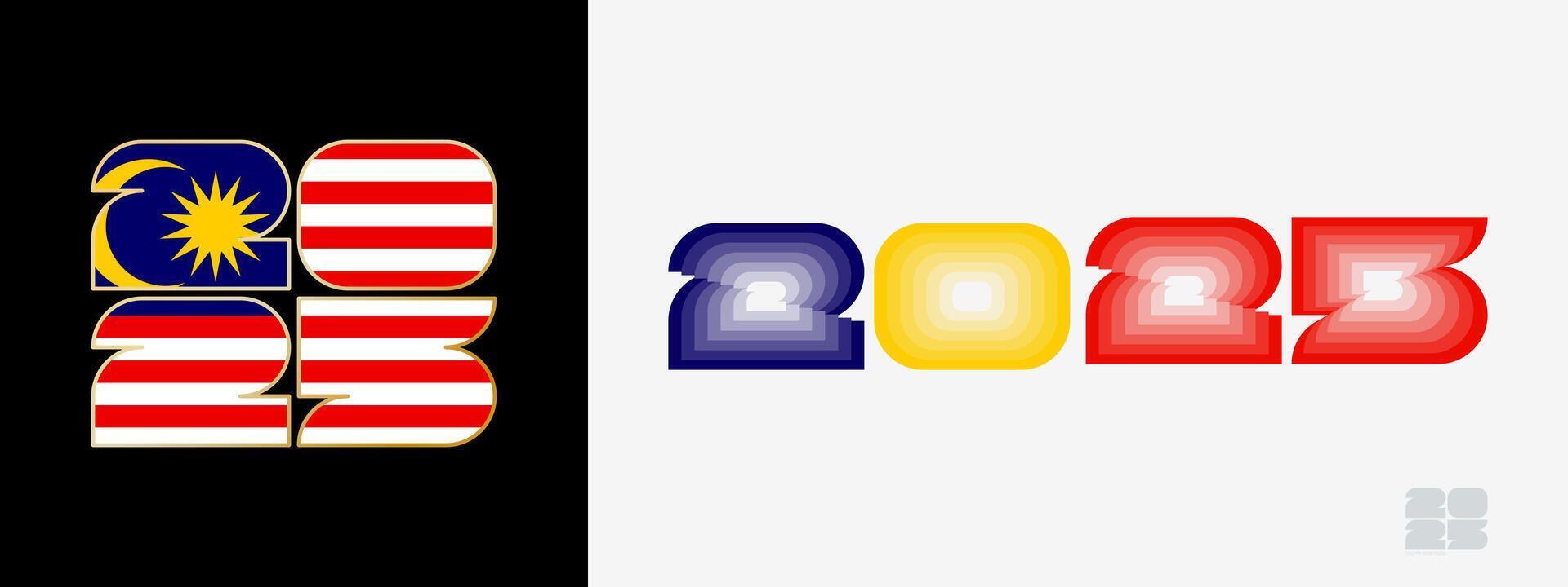 Year 2025 with flag of Malaysia and in color palate of Malaysia flag. Happy New Year 2025 in two different style. vector
