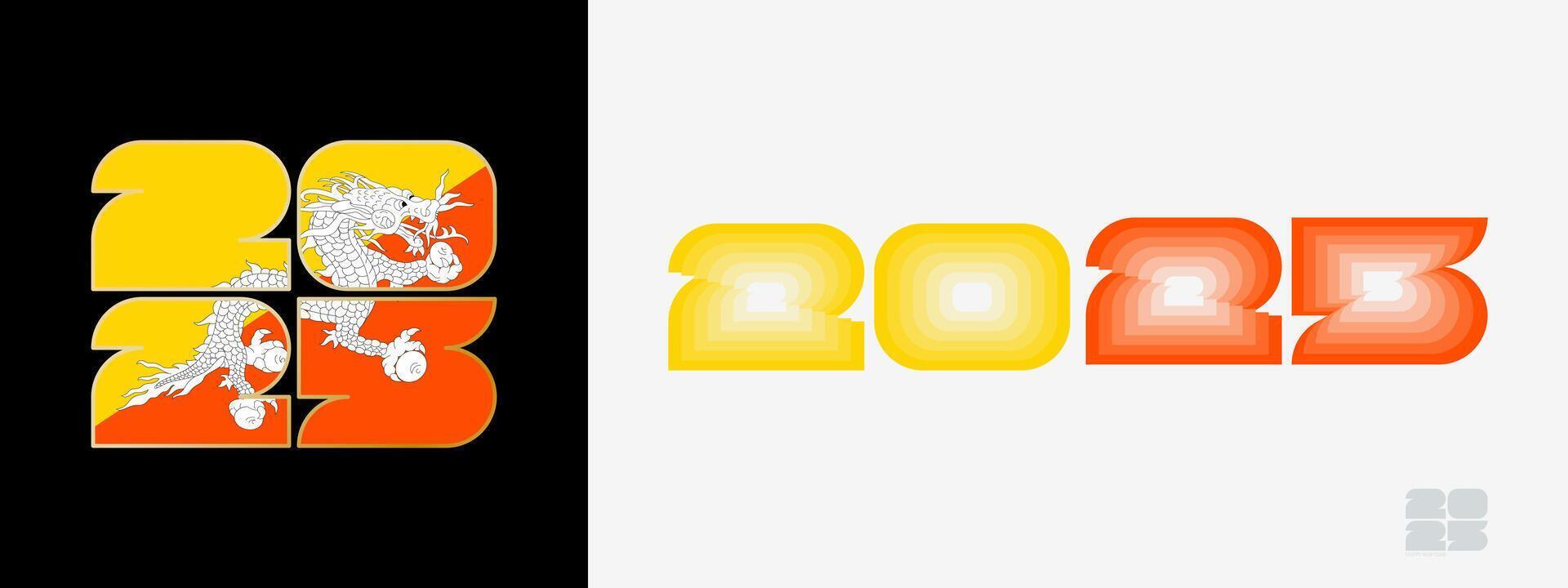 Year 2025 with flag of Bhutan and in color palate of Bhutan flag. Happy New Year 2025 in two different style. vector