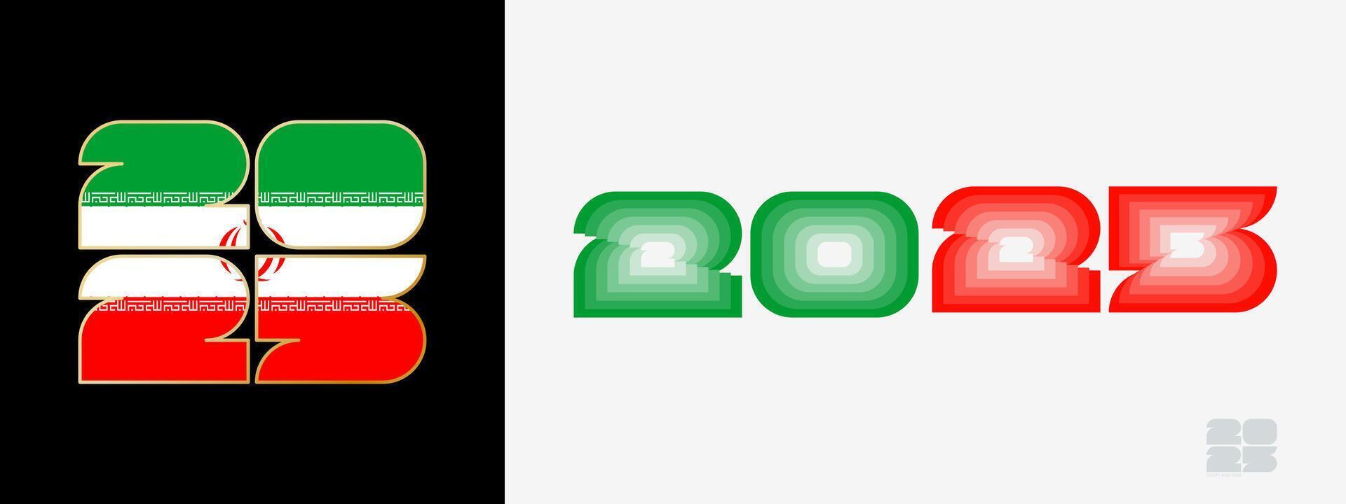 Year 2025 with flag of Iran and in color palate of Iran flag. Happy New Year 2025 in two different style. vector