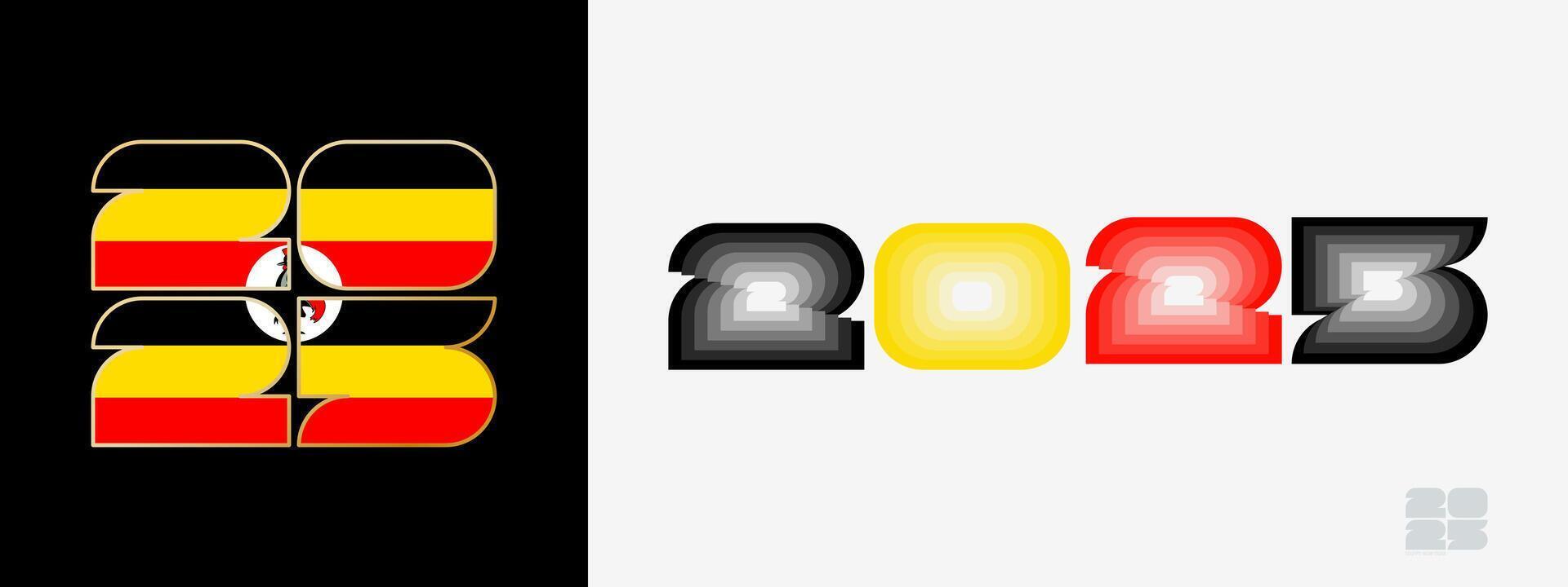 Year 2025 with flag of Uganda and in color palate of Uganda flag. Happy New Year 2025 in two different style. vector