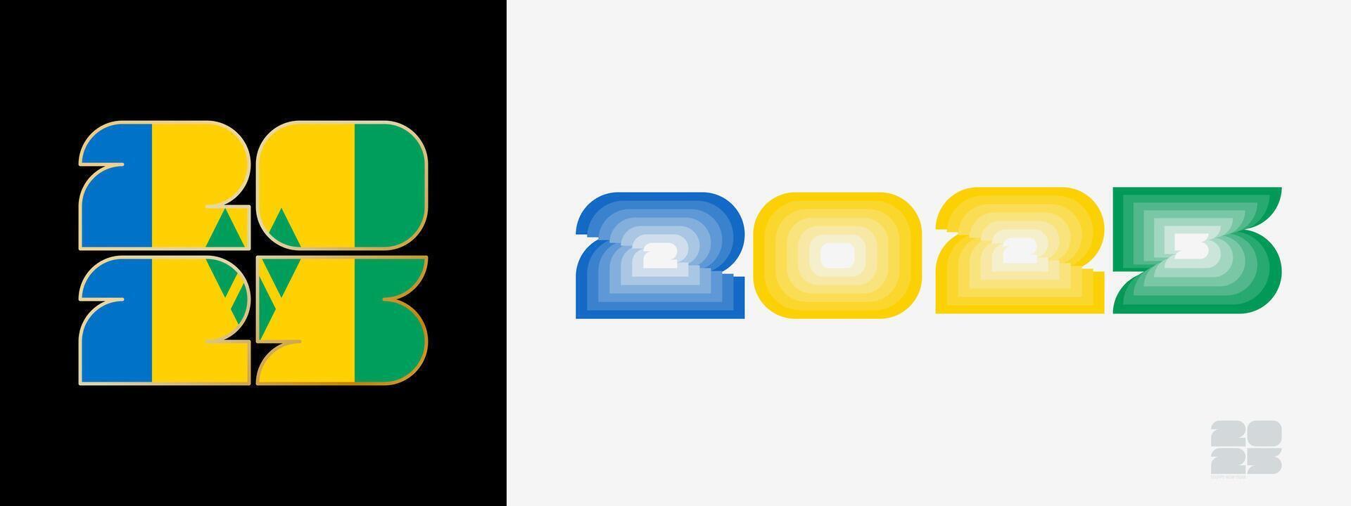 Year 2025 with flag of Saint Vincent and the Grenadines and in color palate of Saint Vincent and the Grenadines flag. Happy New Year 2025 in two different style. vector
