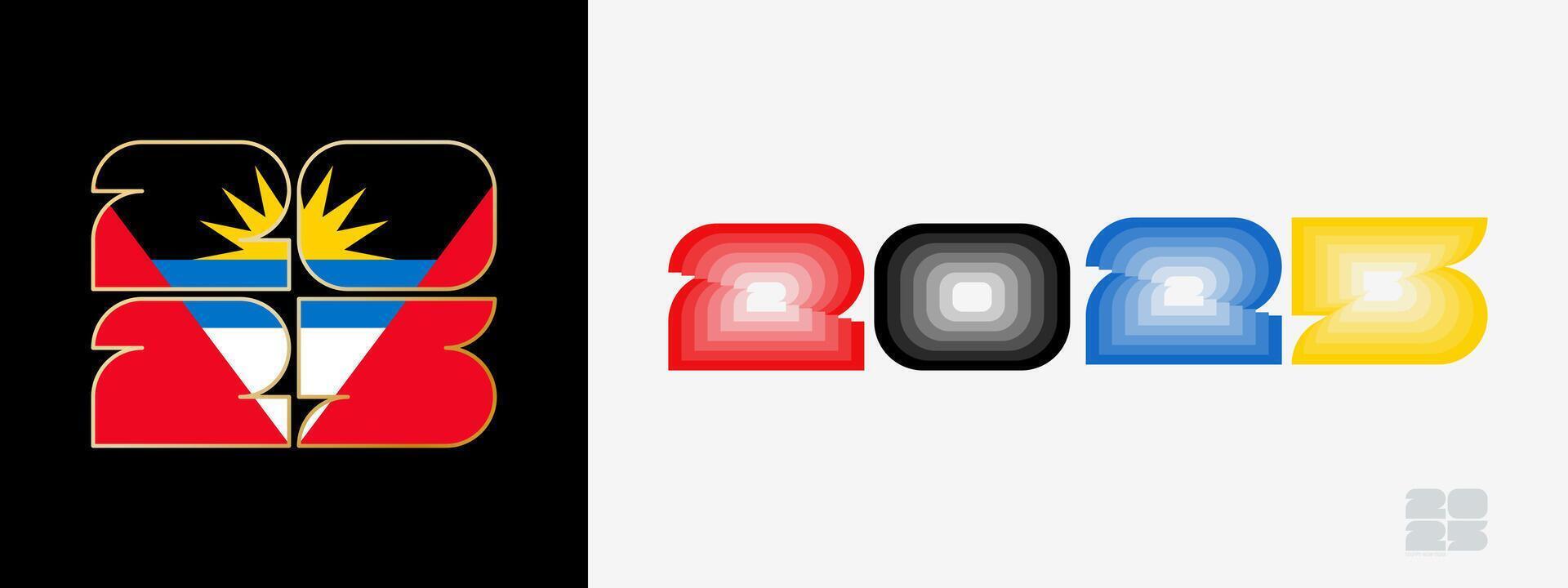 Year 2025 with flag of Antigua and Barbuda and in color palate of Antigua and Barbuda flag. Happy New Year 2025 in two different style. vector