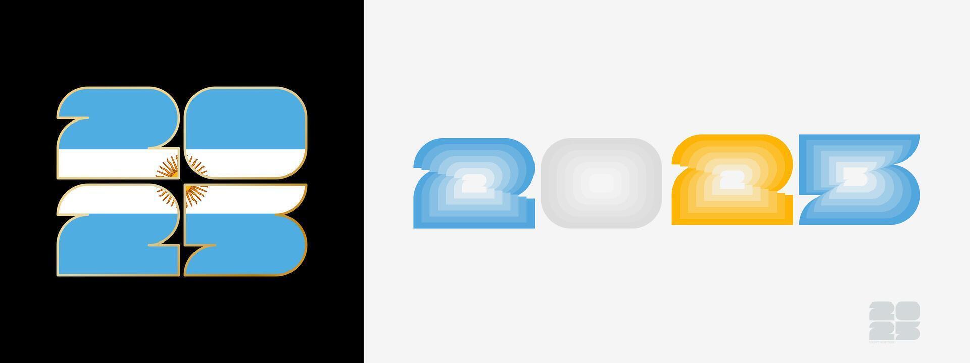 Year 2025 with flag of Argentina and in color palate of Argentina flag. Happy New Year 2025 in two different style. vector