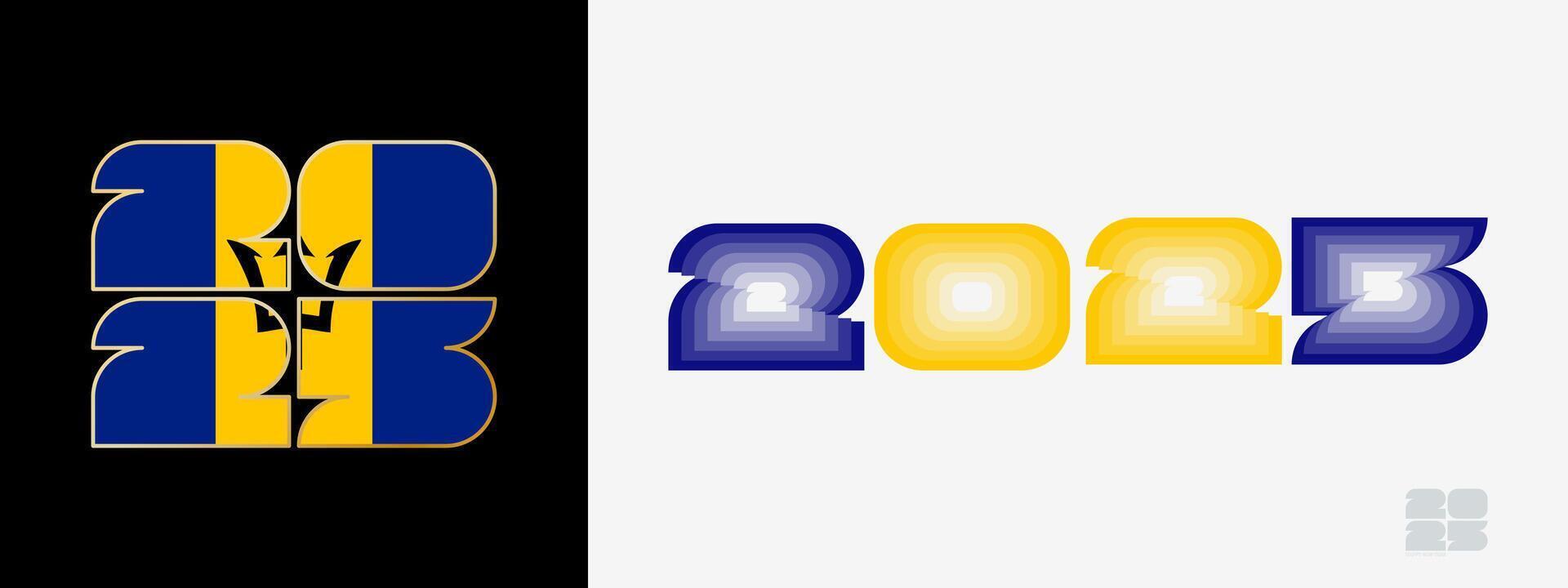 Year 2025 with flag of Barbados and in color palate of Barbados flag. Happy New Year 2025 in two different style. vector