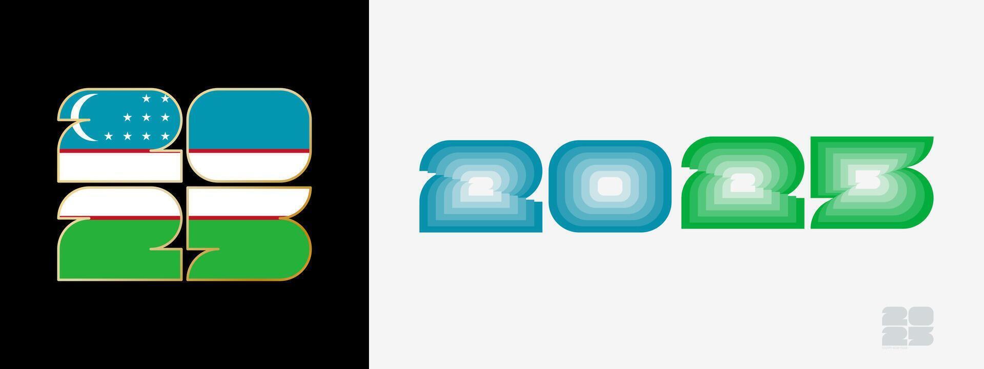 Year 2025 with flag of Uzbekistan and in color palate of Uzbekistan flag. Happy New Year 2025 in two different style. vector