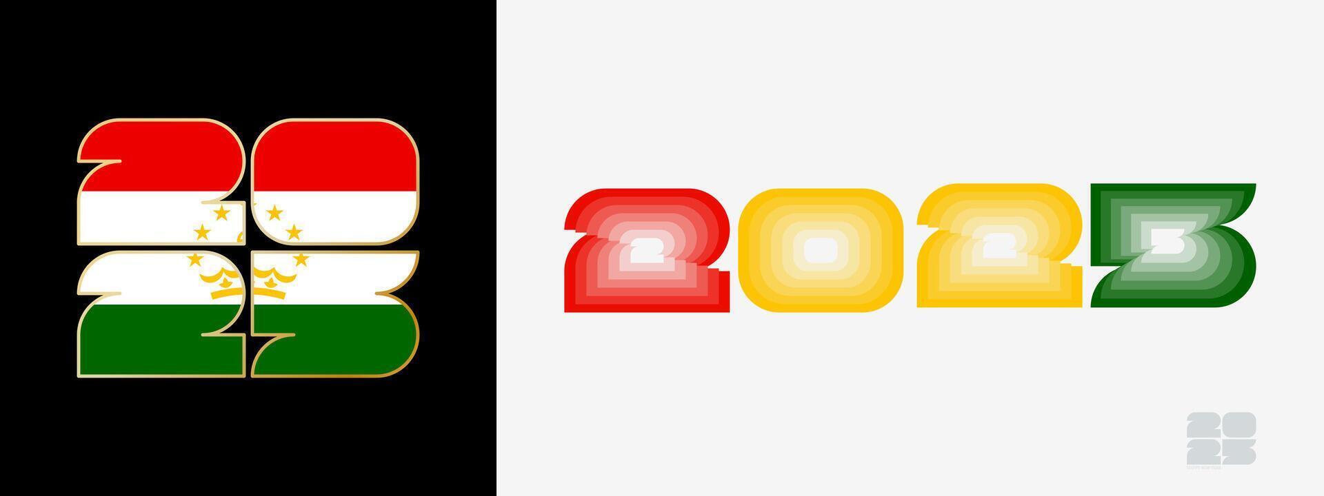 Year 2025 with flag of Tajikistan and in color palate of Tajikistan flag. Happy New Year 2025 in two different style. vector