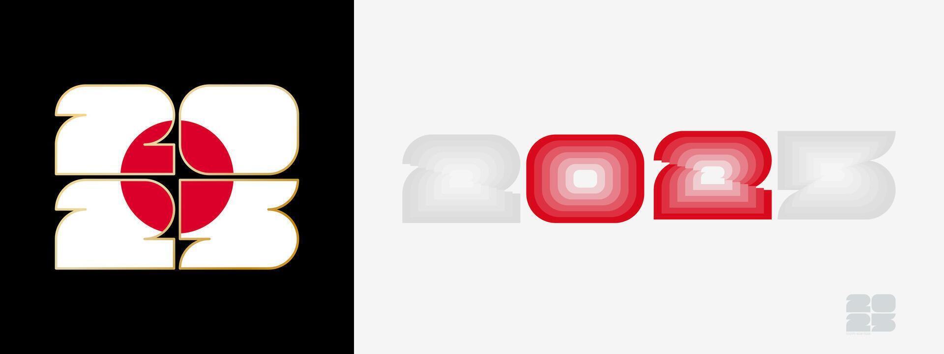 Year 2025 with flag of Japan and in color palate of Japan flag. Happy New Year 2025 in two different style. vector