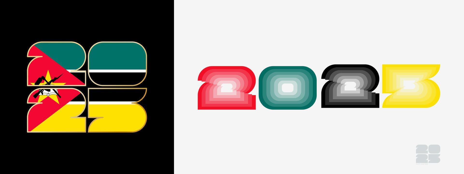 Year 2025 with flag of Mozambique and in color palate of Mozambique flag. Happy New Year 2025 in two different style. vector