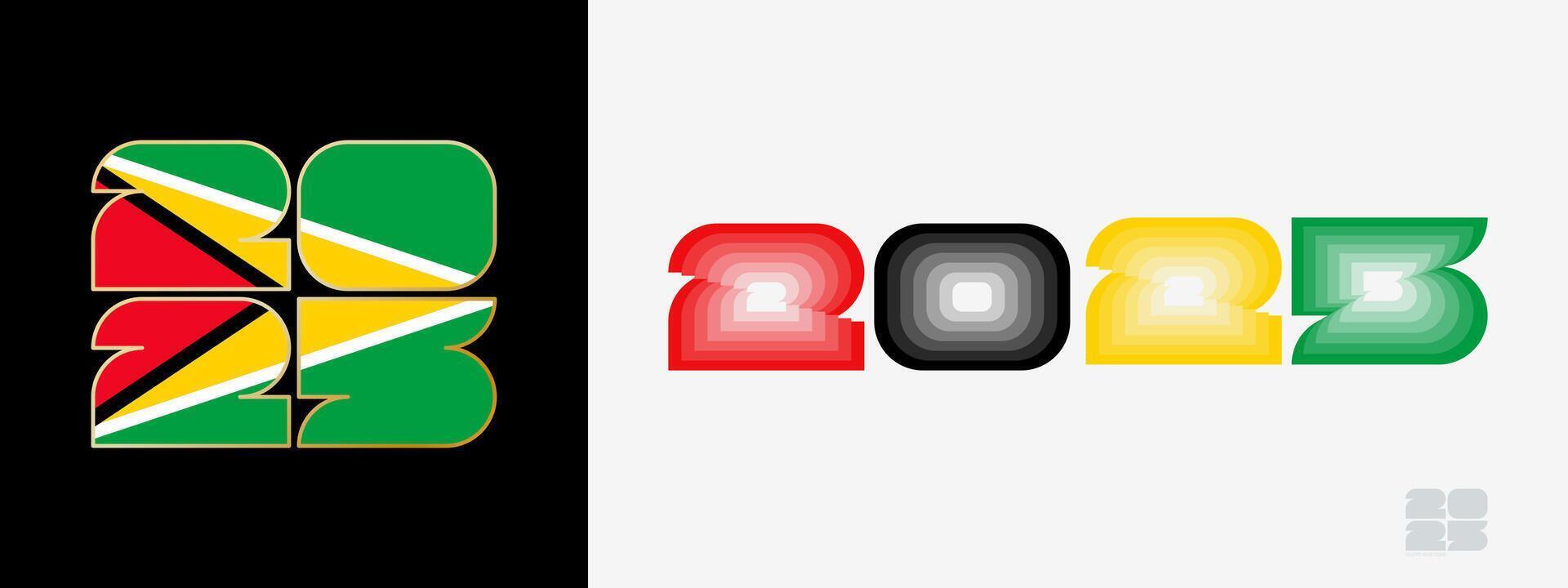 Year 2025 with flag of Guyana and in color palate of Guyana flag. Happy New Year 2025 in two different style. vector
