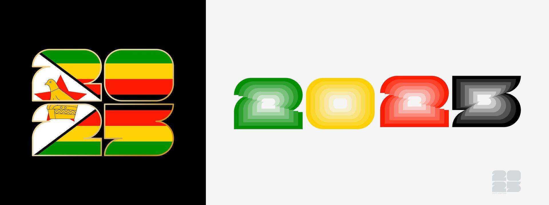 Year 2025 with flag of Zimbabwe and in color palate of Zimbabwe flag. Happy New Year 2025 in two different style. vector