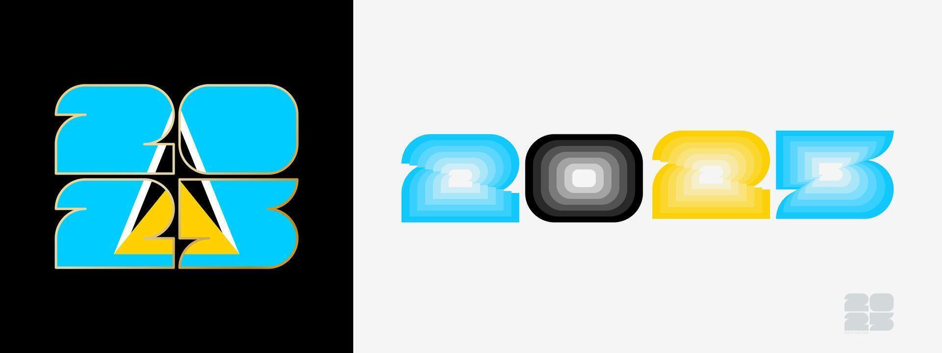 Year 2025 with flag of Saint Lucia and in color palate of Saint Lucia flag. Happy New Year 2025 in two different style. vector