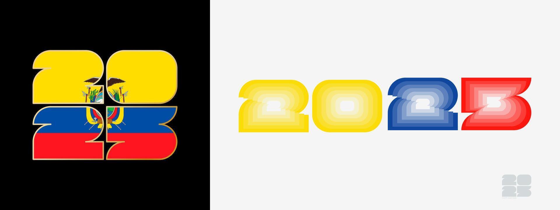 Year 2025 with flag of Ecuador and in color palate of Ecuador flag. Happy New Year 2025 in two different style. vector