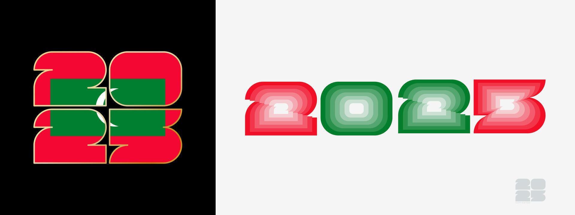 Year 2025 with flag of Maldives and in color palate of Maldives flag. Happy New Year 2025 in two different style. vector