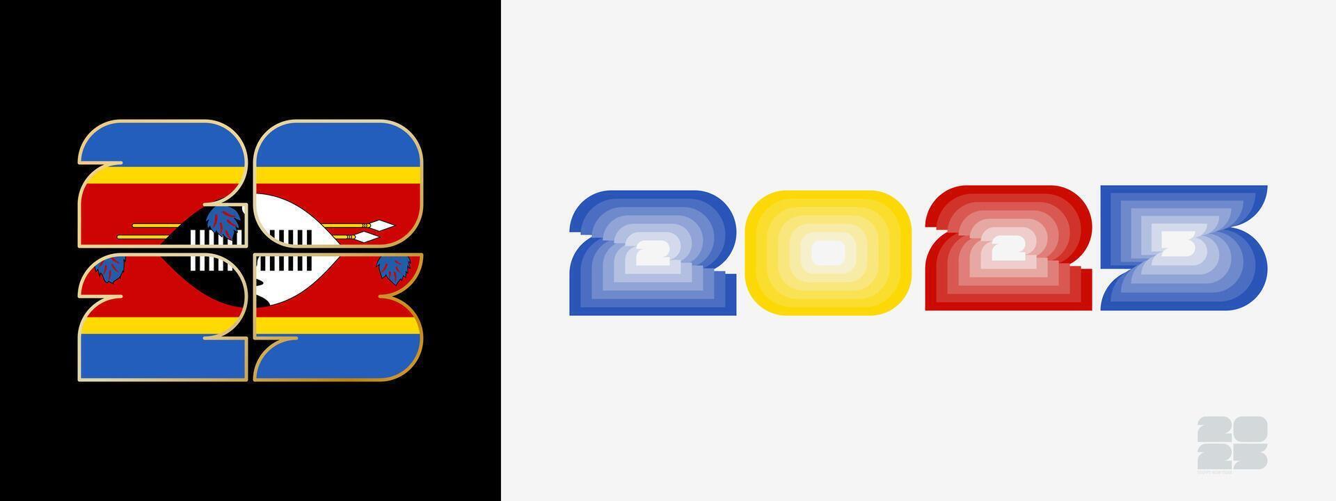 Year 2025 with flag of Swaziland and in color palate of Swaziland flag. Happy New Year 2025 in two different style. vector
