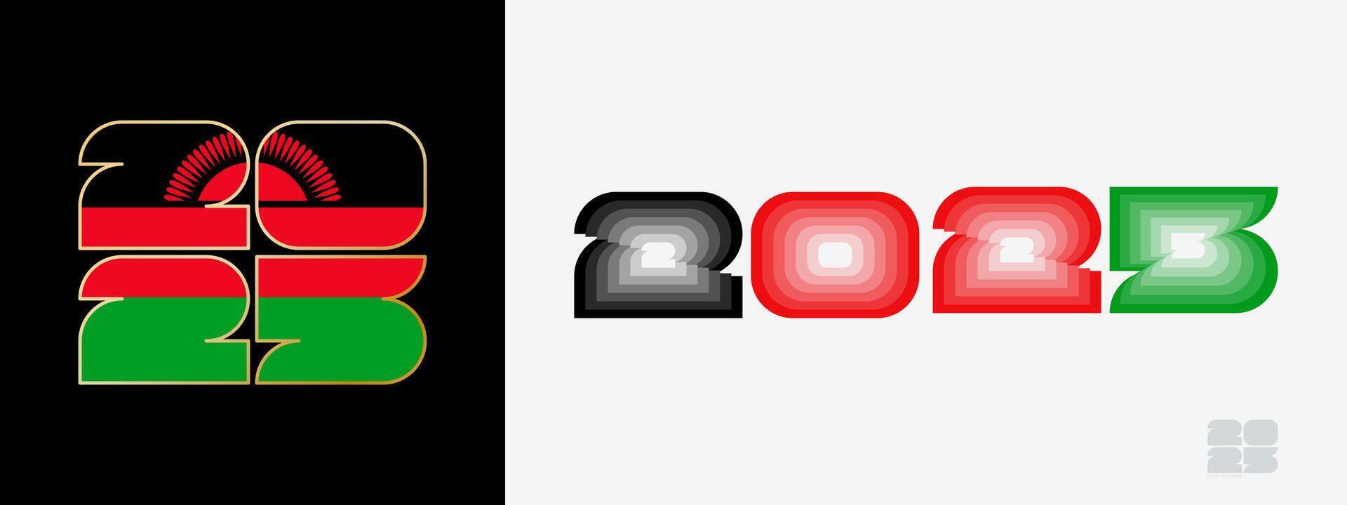 Year 2025 with flag of Malawi and in color palate of Malawi flag. Happy New Year 2025 in two different style. vector