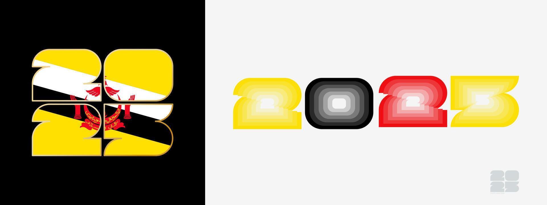 Year 2025 with flag of Brunei and in color palate of Brunei flag. Happy New Year 2025 in two different style. vector