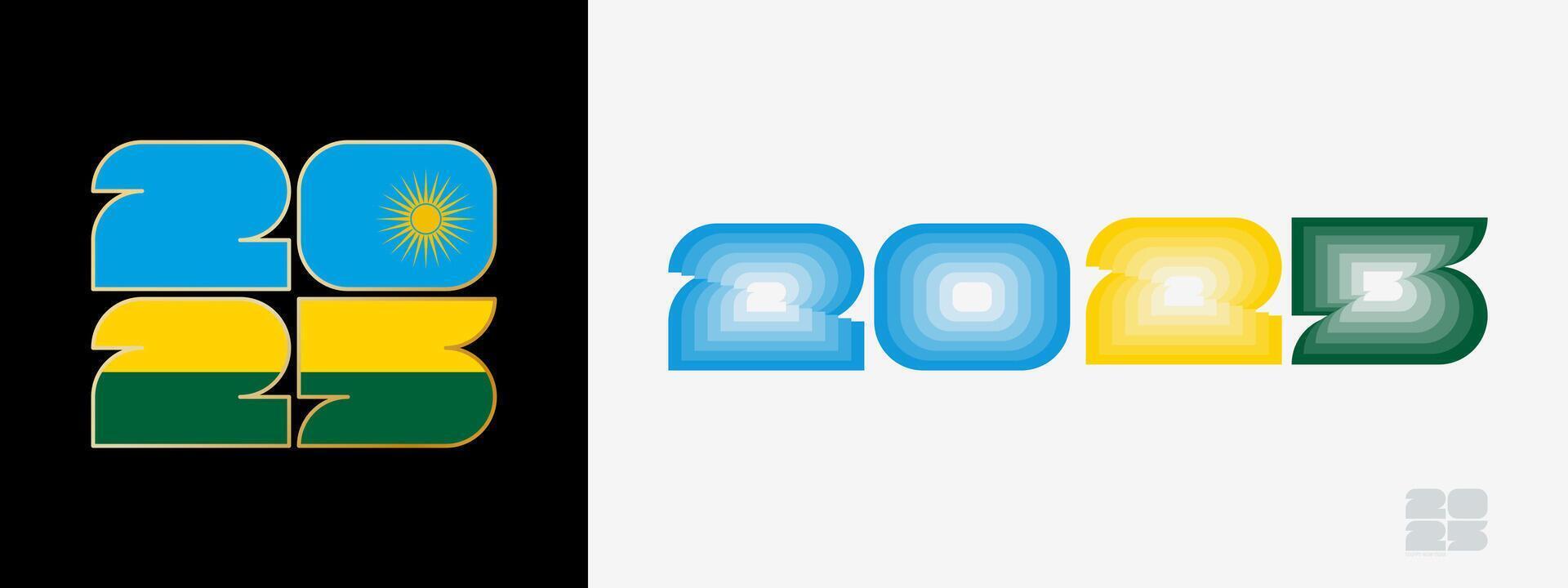 Year 2025 with flag of Rwanda and in color palate of Rwanda flag. Happy New Year 2025 in two different style. vector