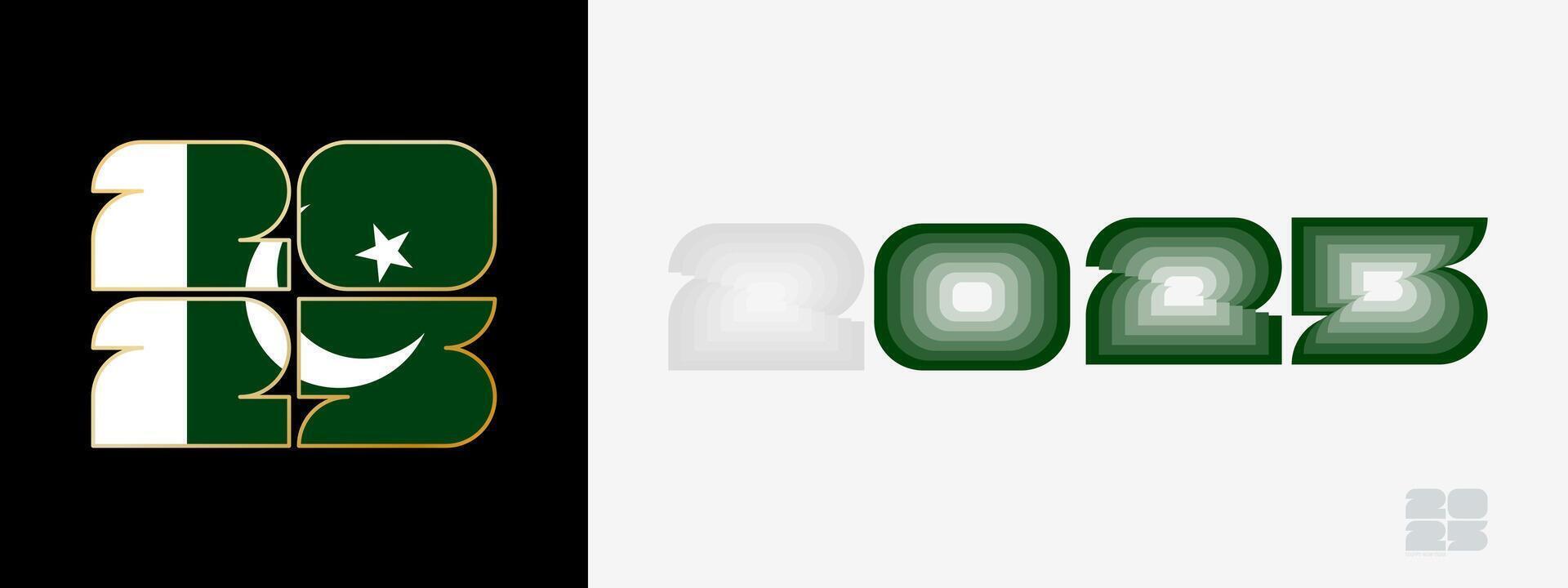 Year 2025 with flag of Pakistan and in color palate of Pakistan flag. Happy New Year 2025 in two different style. vector