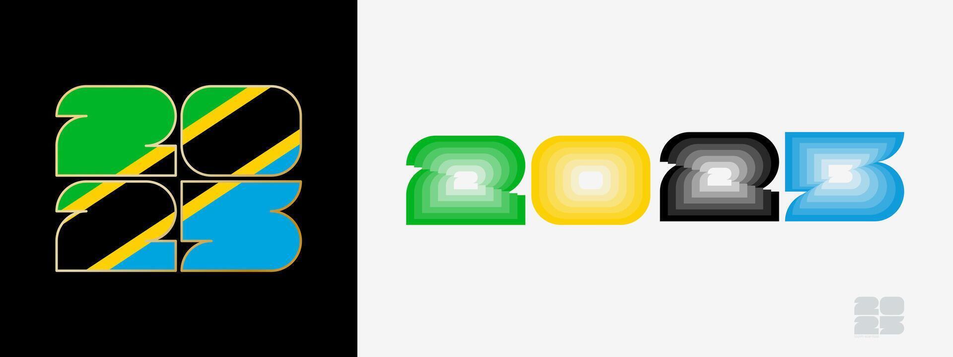 Year 2025 with flag of Tanzania and in color palate of Tanzania flag. Happy New Year 2025 in two different style. vector