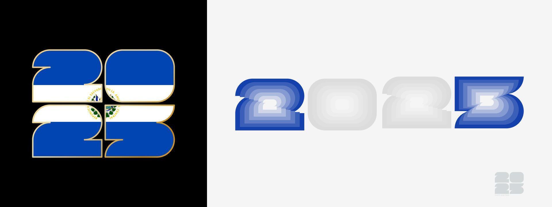 Year 2025 with flag of El Salvador and in color palate of El Salvador flag. Happy New Year 2025 in two different style. vector