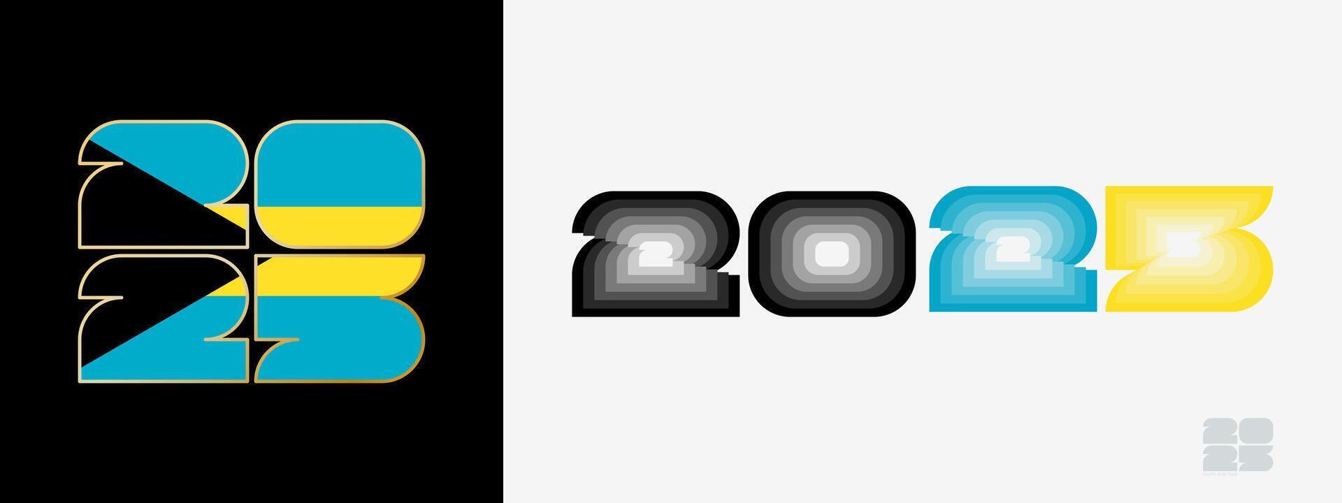 Year 2025 with flag of The Bahamas and in color palate of The Bahamas flag. Happy New Year 2025 in two different style. vector