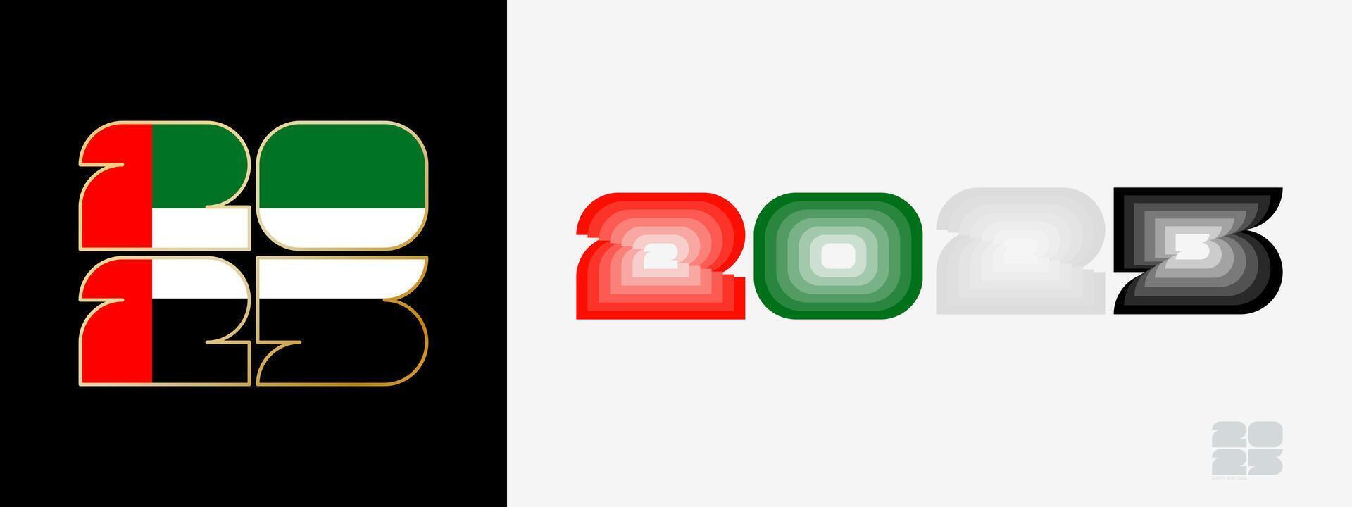 Year 2025 with flag of United Arab Emirates and in color palate of United Arab Emirates flag. Happy New Year 2025 in two different style. vector