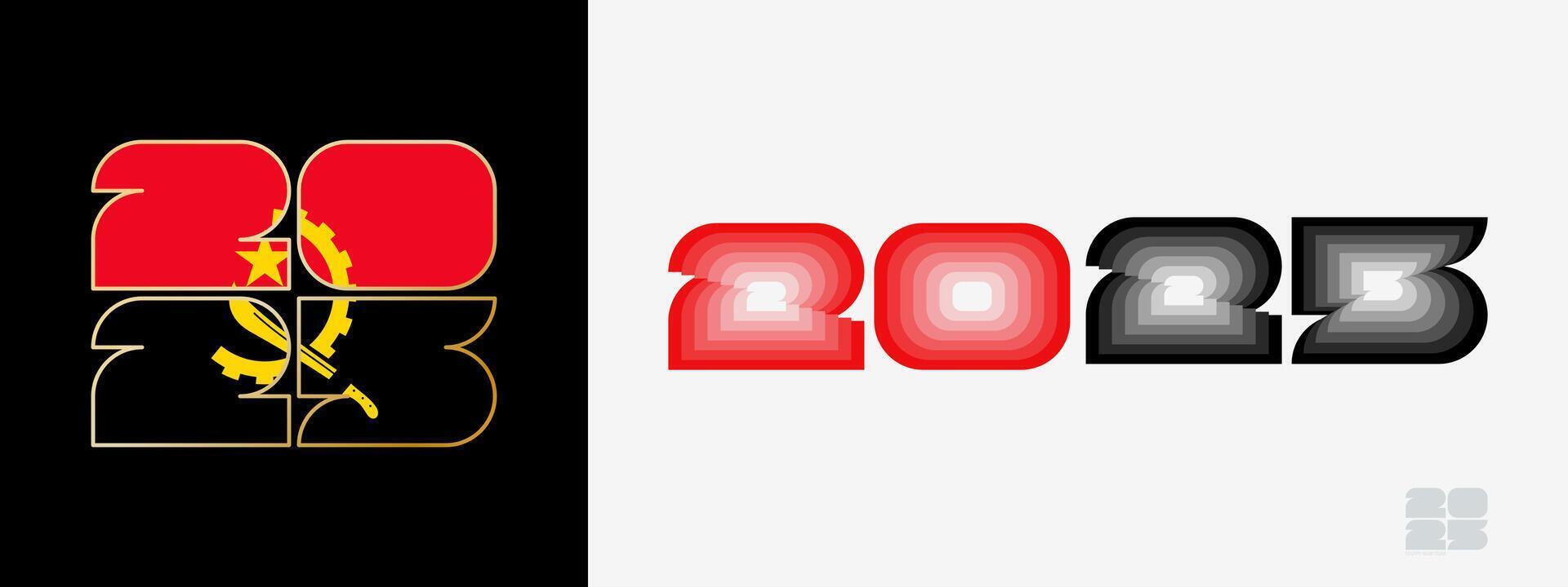 Year 2025 with flag of Angola and in color palate of Angola flag. Happy New Year 2025 in two different style. vector