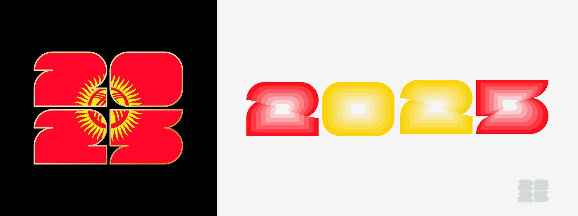 Year 2025 with flag of Kyrgyzstan and in color palate of Kyrgyzstan flag. Happy New Year 2025 in two different style. vector