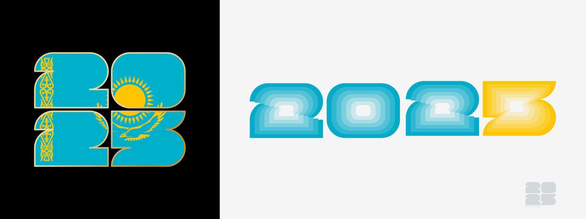 Year 2025 with flag of Kazakhstan and in color palate of Kazakhstan flag. Happy New Year 2025 in two different style. vector