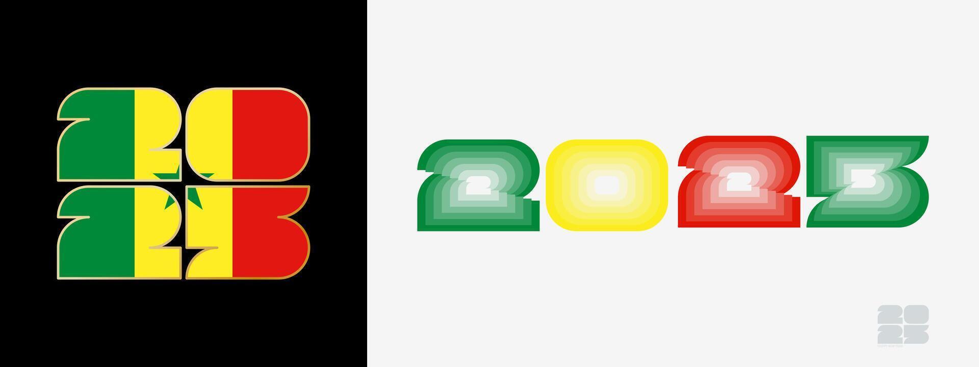 Year 2025 with flag of Senegal and in color palate of Senegal flag. Happy New Year 2025 in two different style. vector