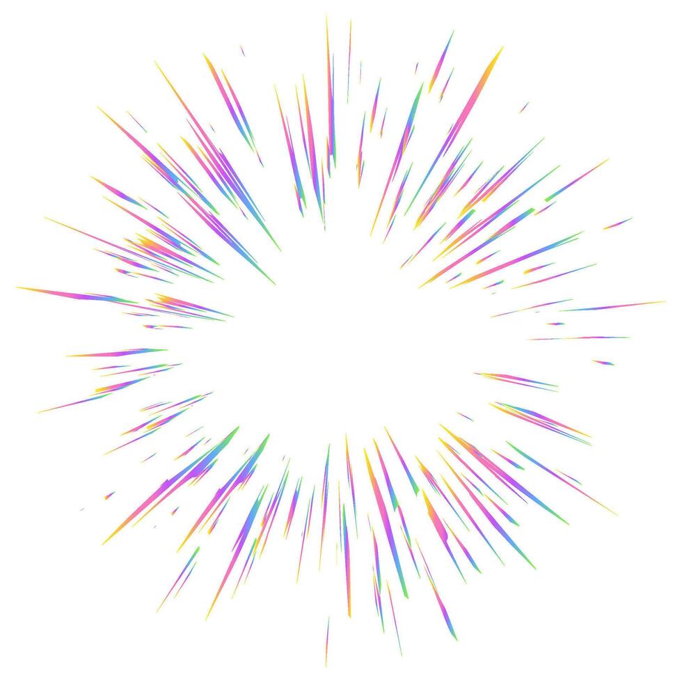 Light burst with rainbow prism effect. Halo flare sparkles of crystal on white background. radial holographic color explosion. Comic speed lines glare beams with sparks and neon reflection. vector