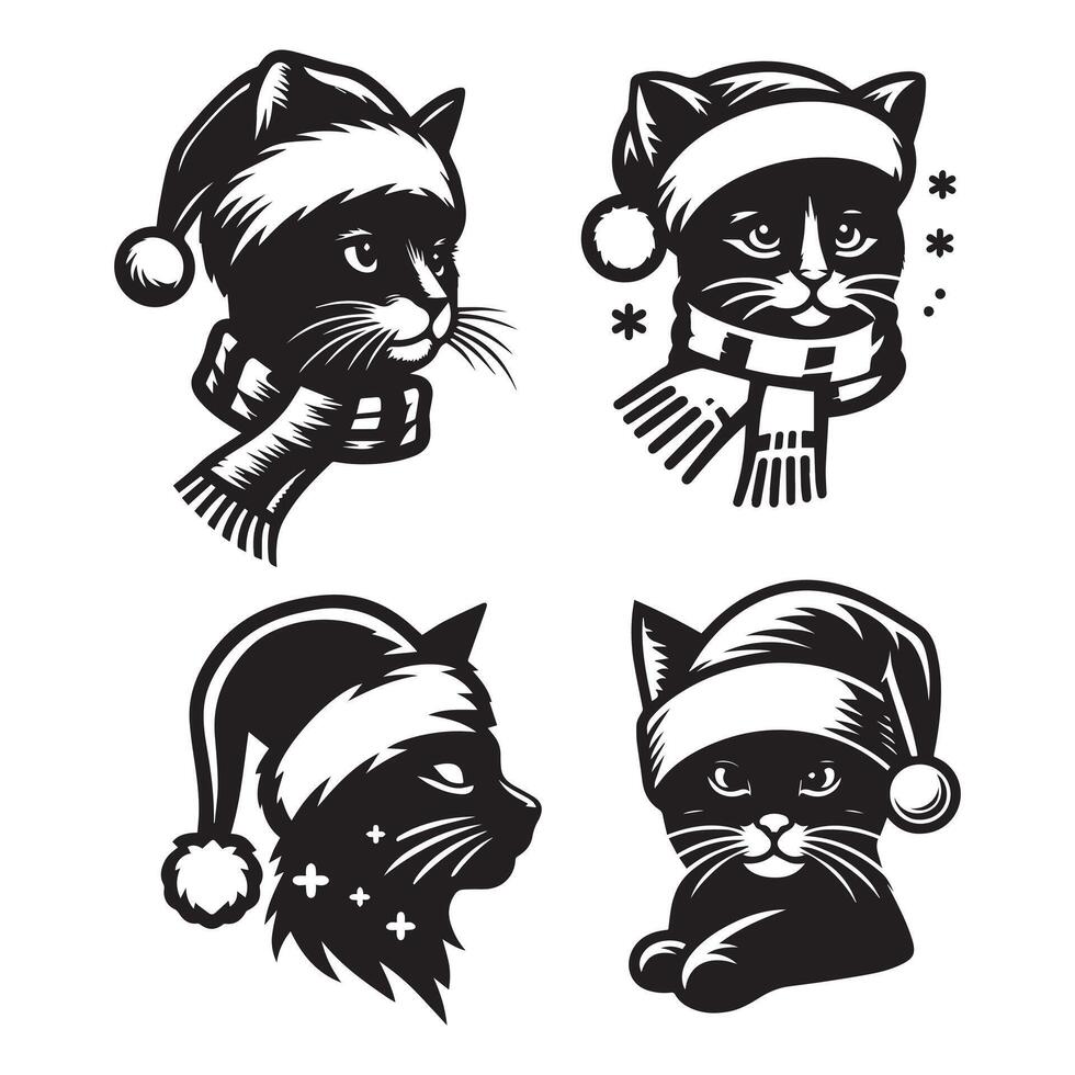 Set of black and white cartoon cats in various poses cute illustrations of feline characters for pet-themed designs vector