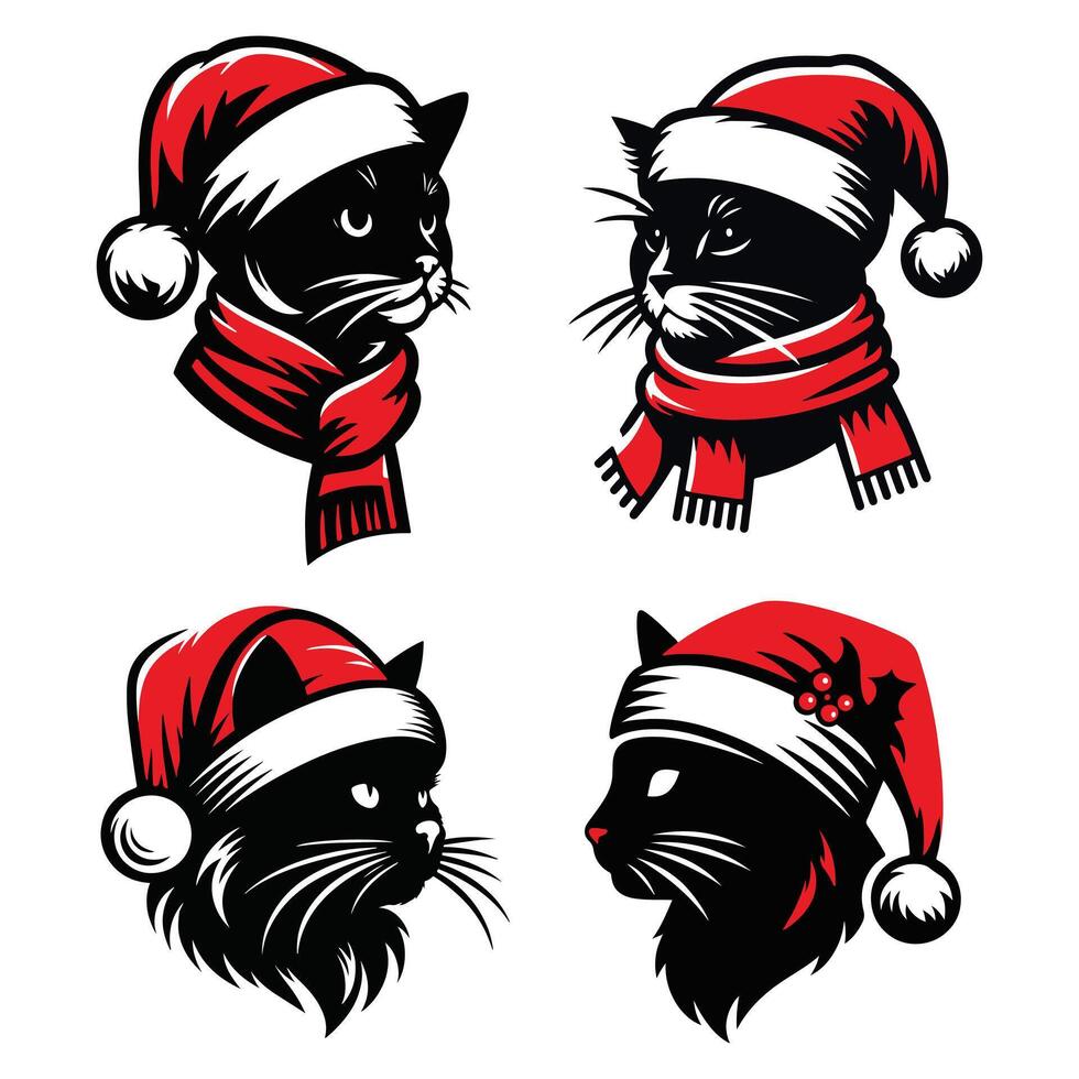 Funny Santa Claus Cat Cartoon Illustration Set Featuring Cute Feline Icons in a Fun and Playful Style vector