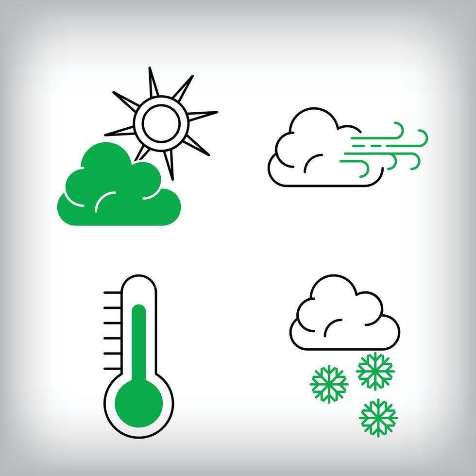 Thermostat, cloudy windy and snowy precipitation icon set. Different linear weather designs. vector