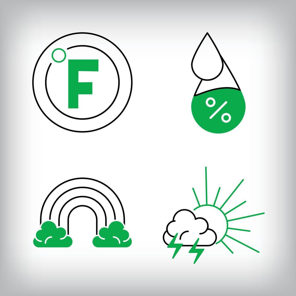 Humidity, fahrenheit and cloudy sun precipitation icon set. Different linear weather designs. vector