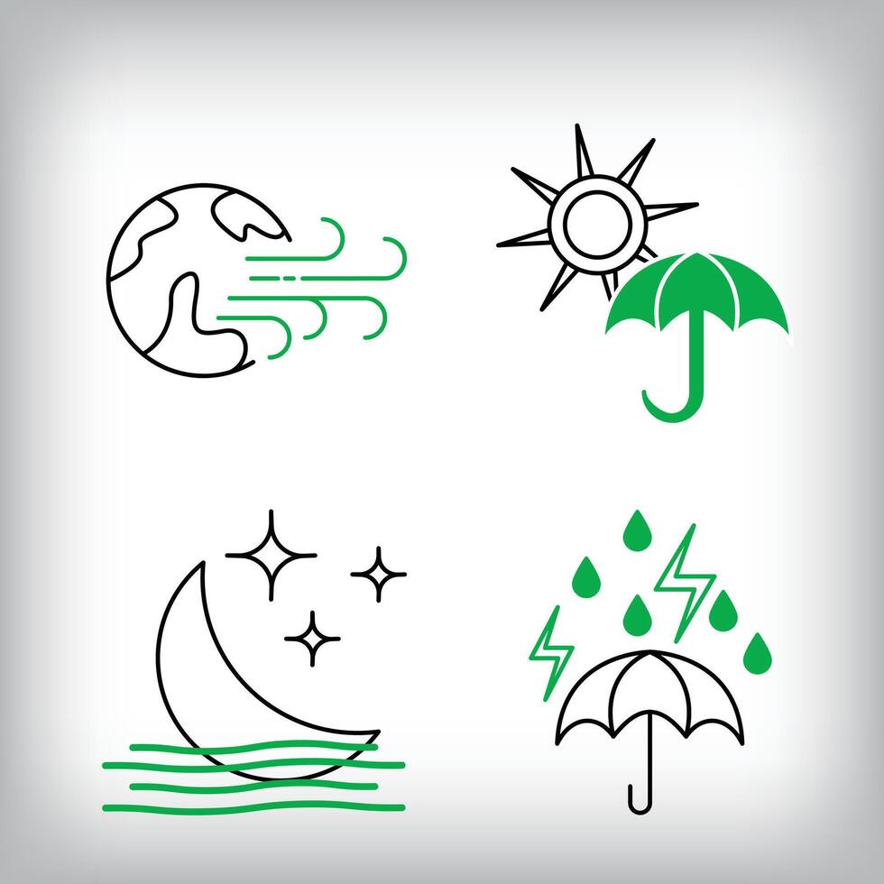 Sun protection, windy world and stormy rainfall icon set. Different linear weather designs. vector