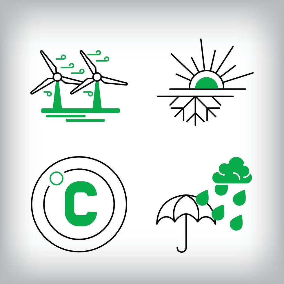 Wind rose, degree and rainy weather icon set. Different linear weather designs. vector