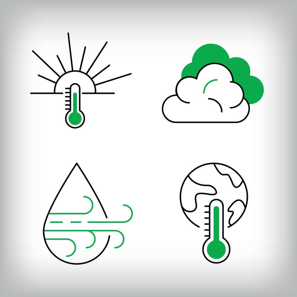 Extreme temperatures, cloudy and windy precipitation icon set. Different linear weather designs. vector
