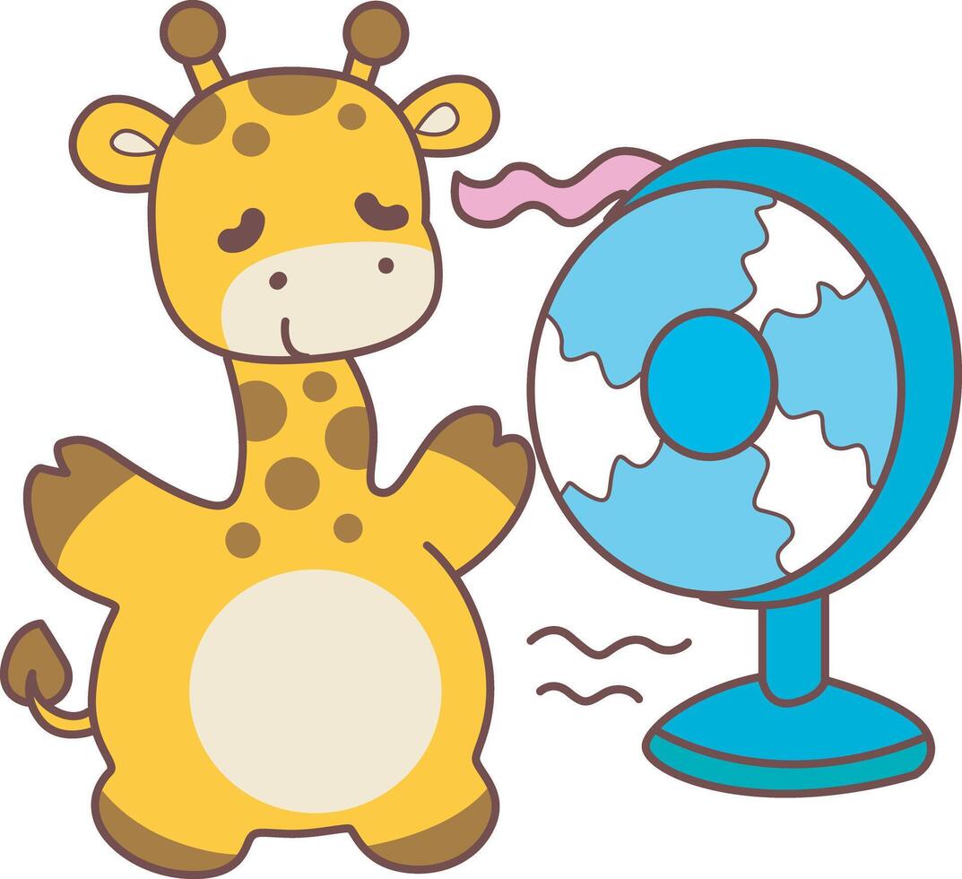 A giraffe with fan in the summer. Cute giraffe animals with various activities. Funny sticker of Giraffe animal kids. vector
