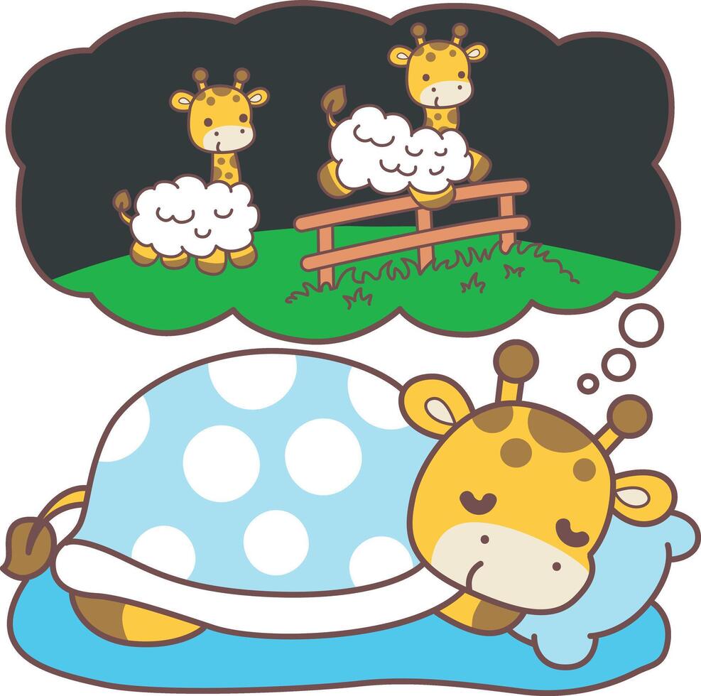 A baby giraffe sleeping with counting a sheeps. Cute giraffe animals with various activities. Funny sticker of Giraffe animal kids. vector