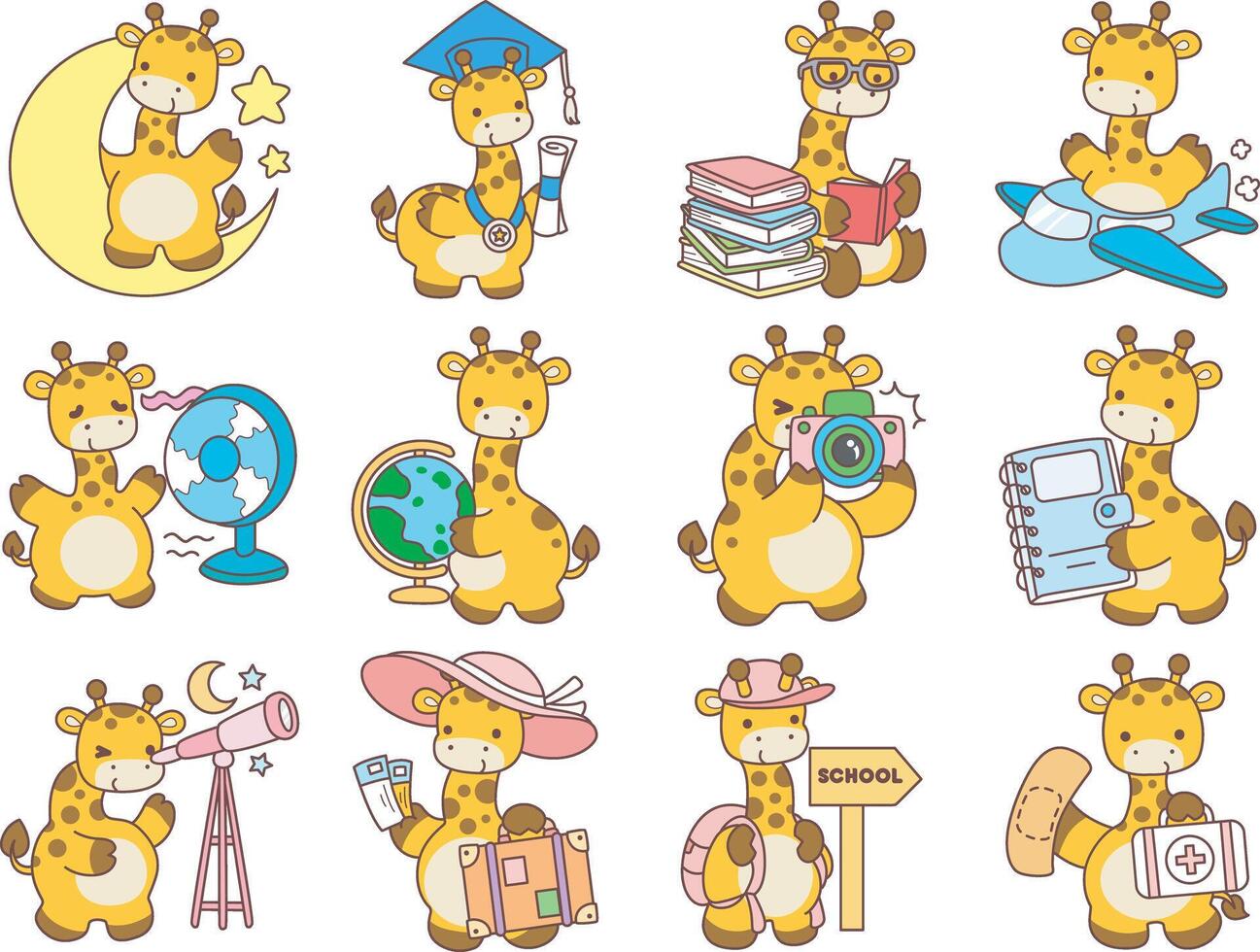 A baby giraffe in the variation of smart and education elements. Cute giraffe animals with various activities. Funny sticker of Giraffe animal kids. vector